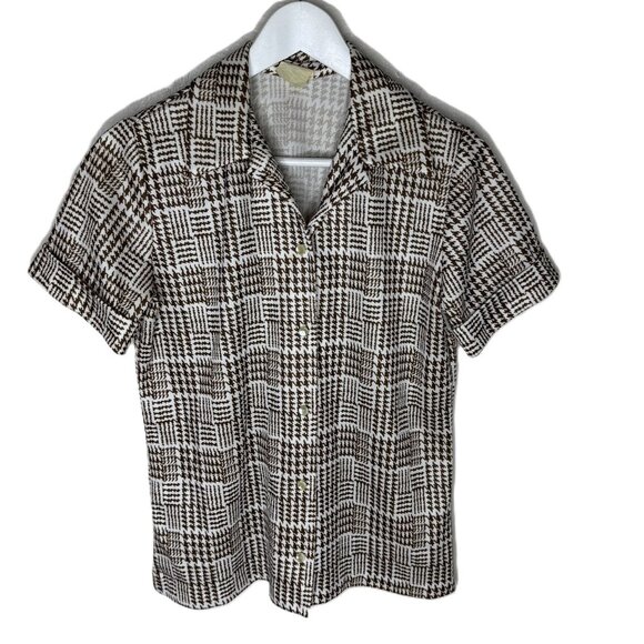 Vintage 70s Women's Brown Houndstooth Print Short Sleeve Polyester Blouse, Small - Picture 1 of 5